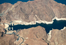 After two decades of drought, Lake Mead, which is impounded by Hoover Dam, is just 40 percent full. A “bathtub ring” visible along the edges of the lake show how far its water levels have dropped. PHOTO BY TED WOOD. SUPPORT FOR AERIAL PHOTOGRAPHS PROVIDED BY LIGHTHAWK