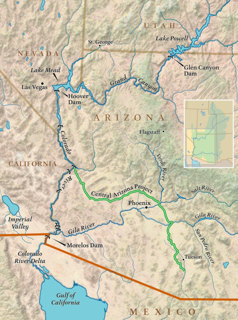 The Central Arizona Project stretches 336 miles, delivering water from the Colorado River to communities in central and southern Arizona. MAP BY DAVID LINDROTH