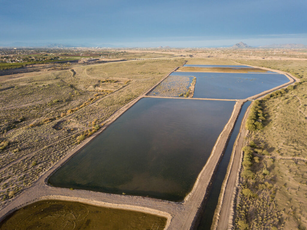 The Granite Reef Underground Storage Project, a water bank located on Salt River Pima-Maricopa Indian Community land, is a partnership between Phoenix and other regional municipalities. It funnels water from the Salt and Verde rivers and the Central Arizona Project into ponds, where it leaches into underground aquifers for later use. PHOTO BY TED WOOD