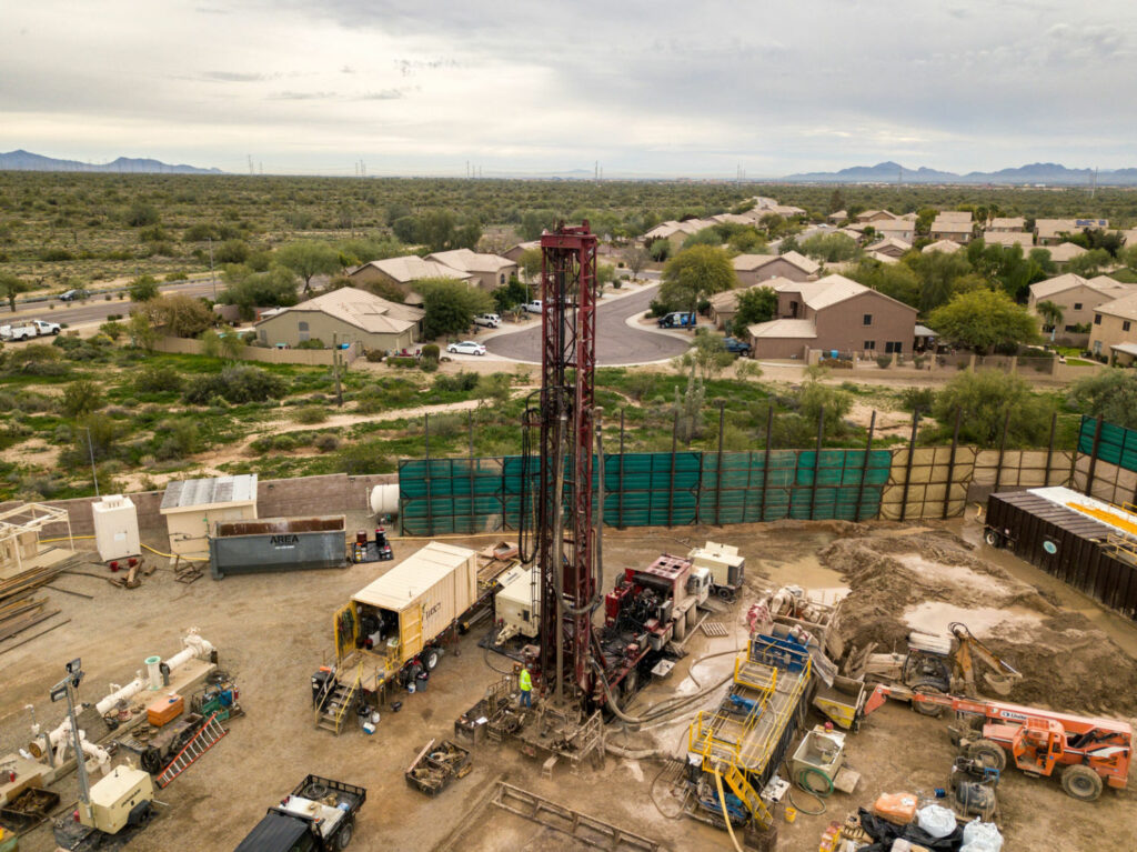 An aquifer storage and recovery well being drilled in the Desert Ridge neighborhood of North Phoenix. When complete, the well, which will support 10,000 homes, will be used to either store water 1,540 feet underground or pull it back up when surface supplies run low. PHOTO BY TED WOOD