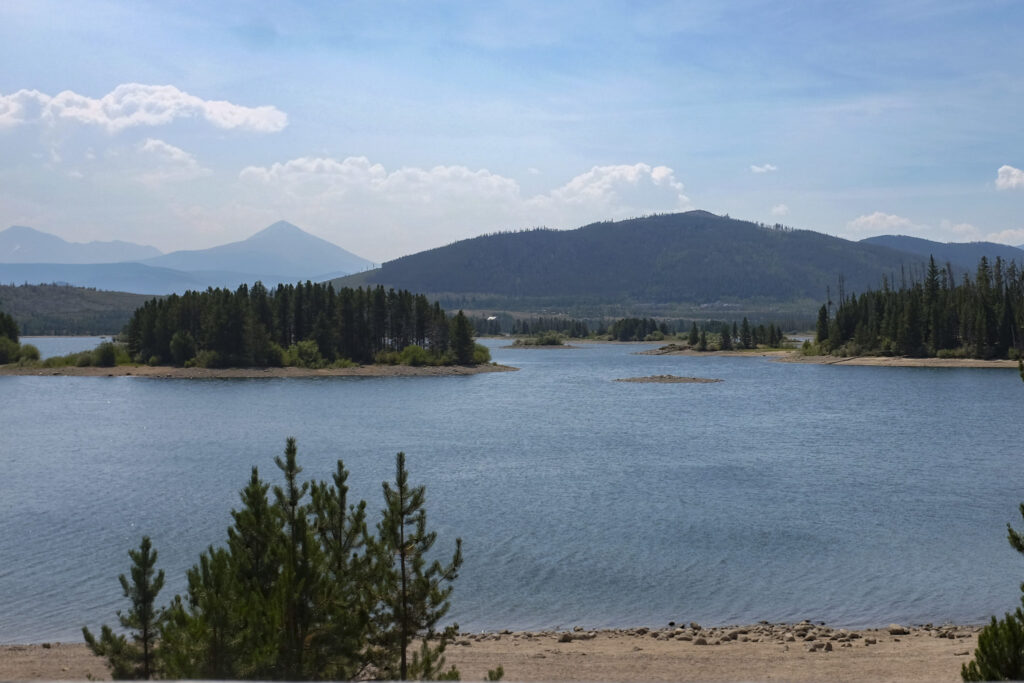 Low water levels Aug. 18 at Dillon Reservoir expose sand rings around the lake's islands.