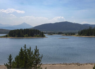 Low water levels Aug. 18 at Dillon Reservoir expose sand rings around the lake's islands.