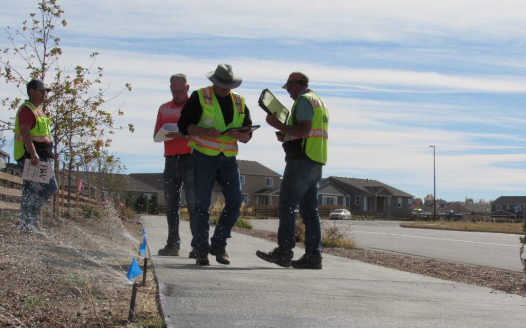 Castle Rock Water Conservation Specialist Rick Schultz, third from the right, inspects and tests a new landscape watering system in Castle Rock. In a Fresh Water News analysis of water conservation data, Castle Rock leads the state, having reduced its use 12 percent since 2013.