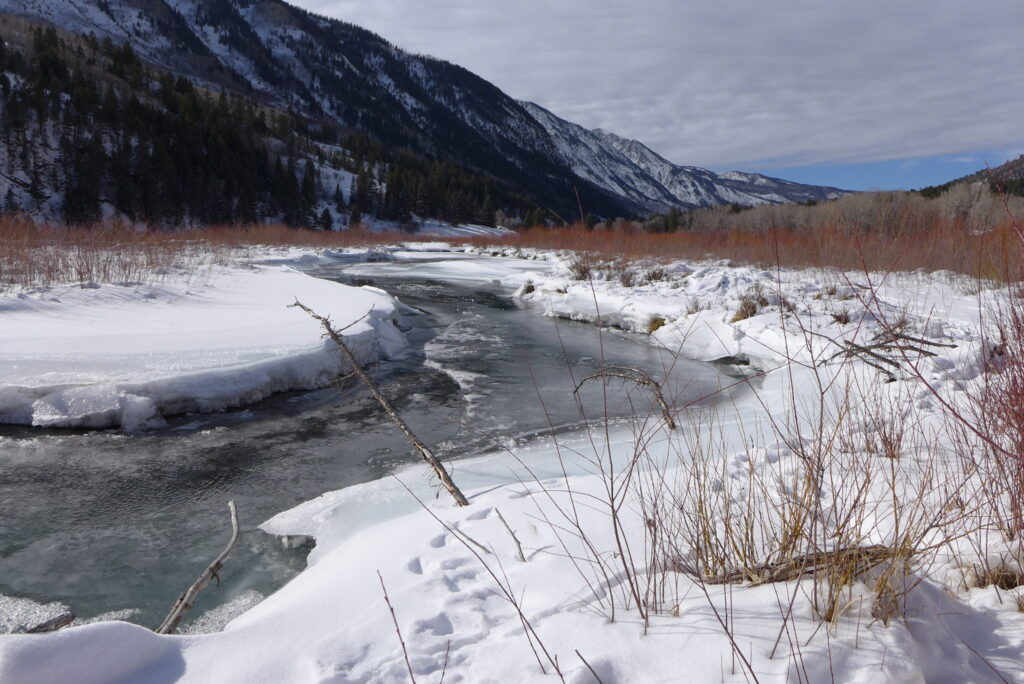 The Crystal River flows through the town of Marble just after its confluence with Yule Creek.