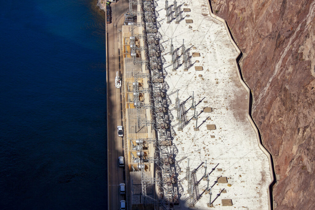 Morning sun strikes the powerhouse on the Nevada side of Hoover Dam.