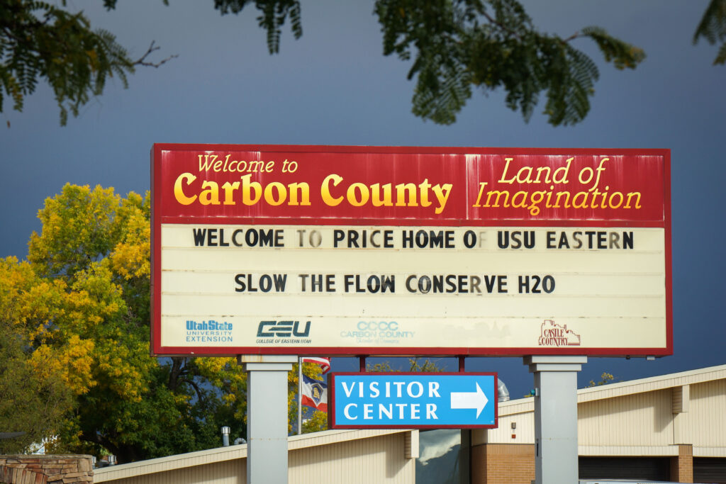 A welcome sign in Price reminds residents to save water, Sept. 30, 2025. Consistent messaging is likely one of the reasons Carbon County has become a leading county for conservation in Utah.