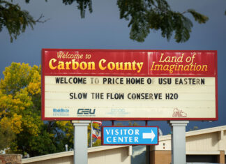 A welcome sign in Price reminds residents to save water, Sept. 30, 2025. Consistent messaging is likely one of the reasons Carbon County has become a leading county for conservation in Utah.