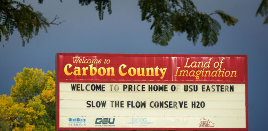 A welcome sign in Price reminds residents to save water, Sept. 30, 2025. Consistent messaging is likely one of the reasons Carbon County has become a leading county for conservation in Utah.