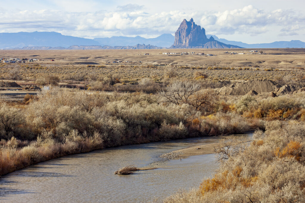 Water for the Carrizo Four Corners project would come from the San Juan River, seen here near Shiprock, New Mexico, about 20 miles from the proposed diversion site. The San Juan is a tributary to the Colorado River. Photo © Brett Walton/Circle of Blue