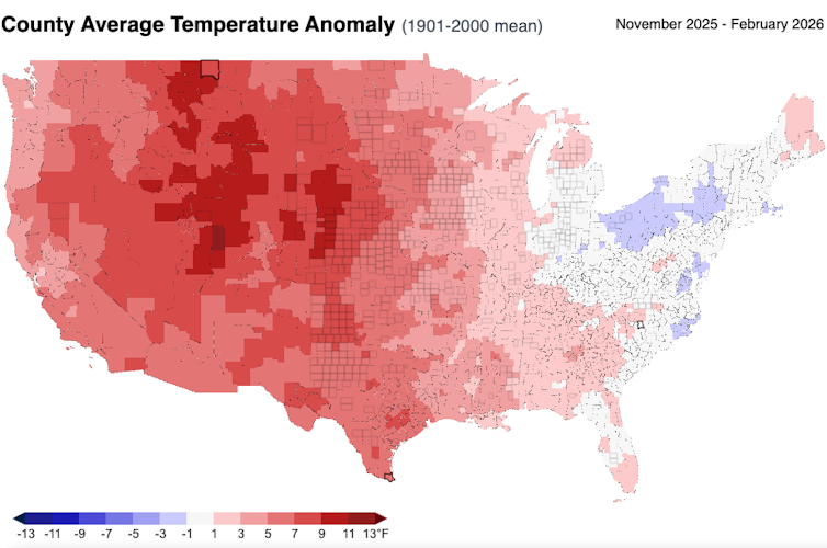 A map shows wide temperature anomalies in the western U.S. compared with the 20th-century average.