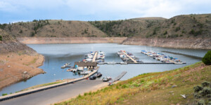 Blue Mesa Reservoir is the largest storage facility in Colorado in the Upper Colorado River system. Prolonged drought and downriver demand is shrinking the reservoir. On this day the water elevation was 7,457 feet. Elk Creek Marina may close because of low water.