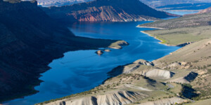 Flaming Gorge Reservoir stores water from the Green River in Wyoming, and is shared by Wyoming and Utah.