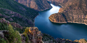 Flaming Gorge Reservoir stores water from the Green River in Wyoming, and is shared by Wyoming and Utah.