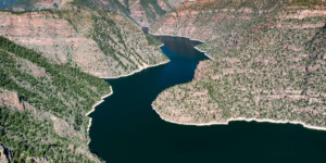 Flaming Gorge Reservoir stores water from the Green River in Wyoming, and is shared by Wyoming and Utah.