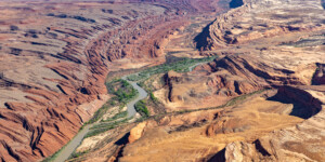 The San Juan River flows into Lake Powell creating a lake channel for miles. At the time of this photo, in May 2021, Lake Powell was 34% full.