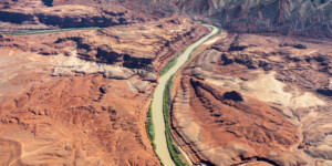 The San Juan River flows into Lake Powell creating a lake channel for miles. At the time of this photo, in May 2021, Lake Powell was 34% full.