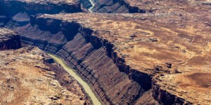 The San Juan River flows into Lake Powell creating a lake channel for miles. At the time of this photo, in May 2021, Lake Powell was 34% full.