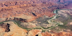 The San Juan River flows into Lake Powell creating a lake channel for miles. At the time of this photo, in May 2021, Lake Powell was 34% full.