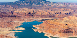 The San Juan River flows into Lake Powell creating a lake channel for miles. At the time of this photo in May, 2021, Lake Powell was 34% full.