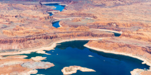 The San Juan River flows into Lake Powell creating a lake channel for miles. At the time of this photo in May, 2021, Lake Powell was 34% full.