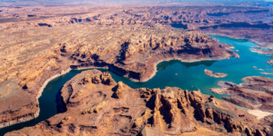The San Juan River flows into Lake Powell creating a lake channel for miles. At the time of this photo in May, 2021, Lake Powell was 34% full.