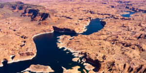 The San Juan River flows into Lake Powell creating a lake channel for miles. At the time of this photo in May, 2021, Lake Powell was 34% full.