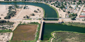 The remaining natural flow of the Colorado River is diverted in Mexico at the Morelos Dam. The historic channel below the dam is dry. ©Ted Wood Usage rights are granted for editorial and nonprofit purposes only. No commercial or re-sale rights are granted without permission of the photographer. Full use and licensing information: https://waterdesk.org/multimedia/license
