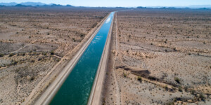 The Central Arizona Project crosses a barren stretch of desert just north of Bouse, Arizona after water from the Colorado River is diverted from Lake Havasu.