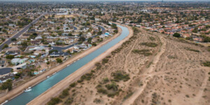 The Park of the Canals in Mesa, Arizona. An ancient Hohokam canal runs parallel to the modern the South Canal.