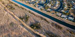 The Park of the Canals in Mesa, Arizona. An ancient Hohokam canal runs parallel to the modern the South Canal.