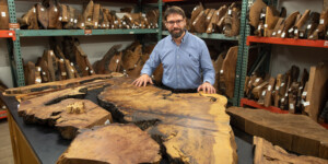 Director David Frank in the tree slab archive at the University of Arizona Laboratory of Tree-Ring Research.