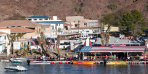 Below the Parker Dam on the Colorado River is the Parker Strip, with dense tourism development and recreation.