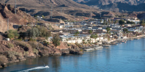 Below the Parker Dam on the Colorado River is the Parker Strip, with dense tourism development and recreation.