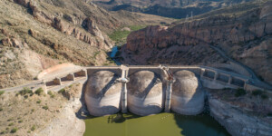 The Coolidge Dam and San Carlos reservoir impound the Gila River on the San Carlos Indian Reservation. Because of drought, dewatering of the river and climate change the reservoir is at historic lows.