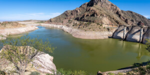 The Coolidge Dam and San Carlos reservoir impound the Gila River on the San Carlos Indian Reservation. Because of drought, dewatering of the river and climate change the reservoir is at historic lows.