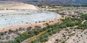 What's left of the Gila and San Pedro rivers join in Winkleman, AZ. The rivers are bordered on both sides by tailings piles from copper mines.