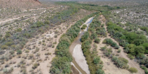 The Gila River as it nears the Florence Diversion Dam from the east is almost dry by May. Climate change, drought, and groundwater depletion threaten the river.