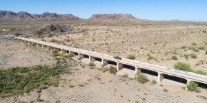 The Gila River as it nears the Florence Diversion Dam from the east is almost dry by May. Climate change, drought, and groundwater depletion threaten the river.