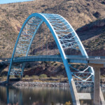 Roosevelt Lake Bridge, AZ, crosses the outlet of Roosevelt Lake at the dam.