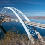 Roosevelt Lake Bridge, AZ, crosses the outlet of Roosevelt Lake at the dam.