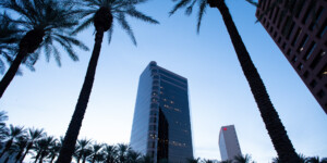 Downtown Phoenix with its desert landscaping, low water use.