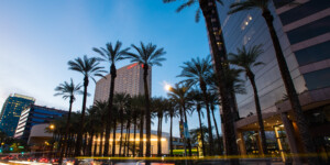 Downtown Phoenix with its desert landscaping, low water use.