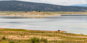 Heron Lake, a reservoir that stores water for the San Juan-Chama Project in northern New Mexico, on August 19, 2022.
© Mitch Tobin. Usage rights are granted for editorial and nonprofit purposes only. No commercial or re-sale rights are granted without permission of the photographer. Full use and licensing information can be found here: https://waterdesk.org/multimedia/license