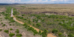 Drone-captured view of the Rio Grande near Fort Craig, New Mexico, on August 22, 2022. ©Mitch Tobin Usage rights are granted for editorial and nonprofit purposes only. No commercial or re-sale rights are granted without permission of the photographer. https://waterdesk.org/multimedia/license