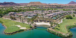 Luxury developments line the edges of Lake Las Vegas, an artificial reservoir created in 1990 on top of the wash that channels water from Las Vegas to Lake Mead. The lake itself is filled with water that is regularly recycled from Lake Mead.
