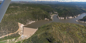 Aerial view of McPhee Dam near Dolores, Colorado. Photo taken on May 26, 2023. Thanks to lighthawk.org for the aerial support. ©Mitch Tobin Usage rights are granted for editorial and nonprofit purposes only. No commercial or re-sale rights are granted without permission of the photographer. https://waterdesk.org/multimedia/license/
