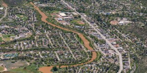 Aerial view of the Animas River and Durango, Colorado. Photo taken on May 26, 2023. Thanks to lighthawk.org for the aerial support. ©Mitch Tobin Usage rights are granted for editorial and nonprofit purposes only. No commercial or re-sale rights are granted without permission of the photographer. https://waterdesk.org/multimedia/license/