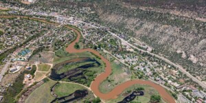 Aerial view of the Animas River and Durango, Colorado. Photo taken on May 26, 2023. Thanks to lighthawk.org for the aerial support. ©Mitch Tobin Usage rights are granted for editorial and nonprofit purposes only. No commercial or re-sale rights are granted without permission of the photographer. https://waterdesk.org/multimedia/license/
