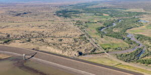 Aerial view of Cochiti Dam and Lake, along the Rio Grande in New Mexico, on June 25, 2024. Aerial support provided by LightHawk. ©Mitch Tobin Usage rights are granted for editorial and nonprofit purposes only. No commercial or re-sale rights are granted without permission of the photographer. https://waterdesk.org/multimedia/
