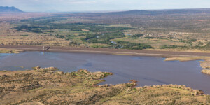 Aerial view of Cochiti Dam and Lake, along the Rio Grande in New Mexico, on June 25, 2024. Aerial support provided by LightHawk. ©Mitch Tobin Usage rights are granted for editorial and nonprofit purposes only. No commercial or re-sale rights are granted without permission of the photographer. https://waterdesk.org/multimedia/